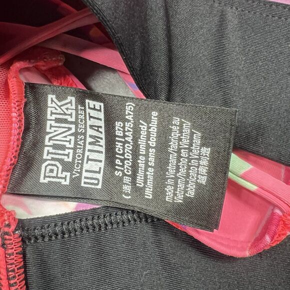 Victorias Secret PINK Sports Bra Small Pink Palm Leaf Print Ultimate Strappy - Picture 7 of 9
